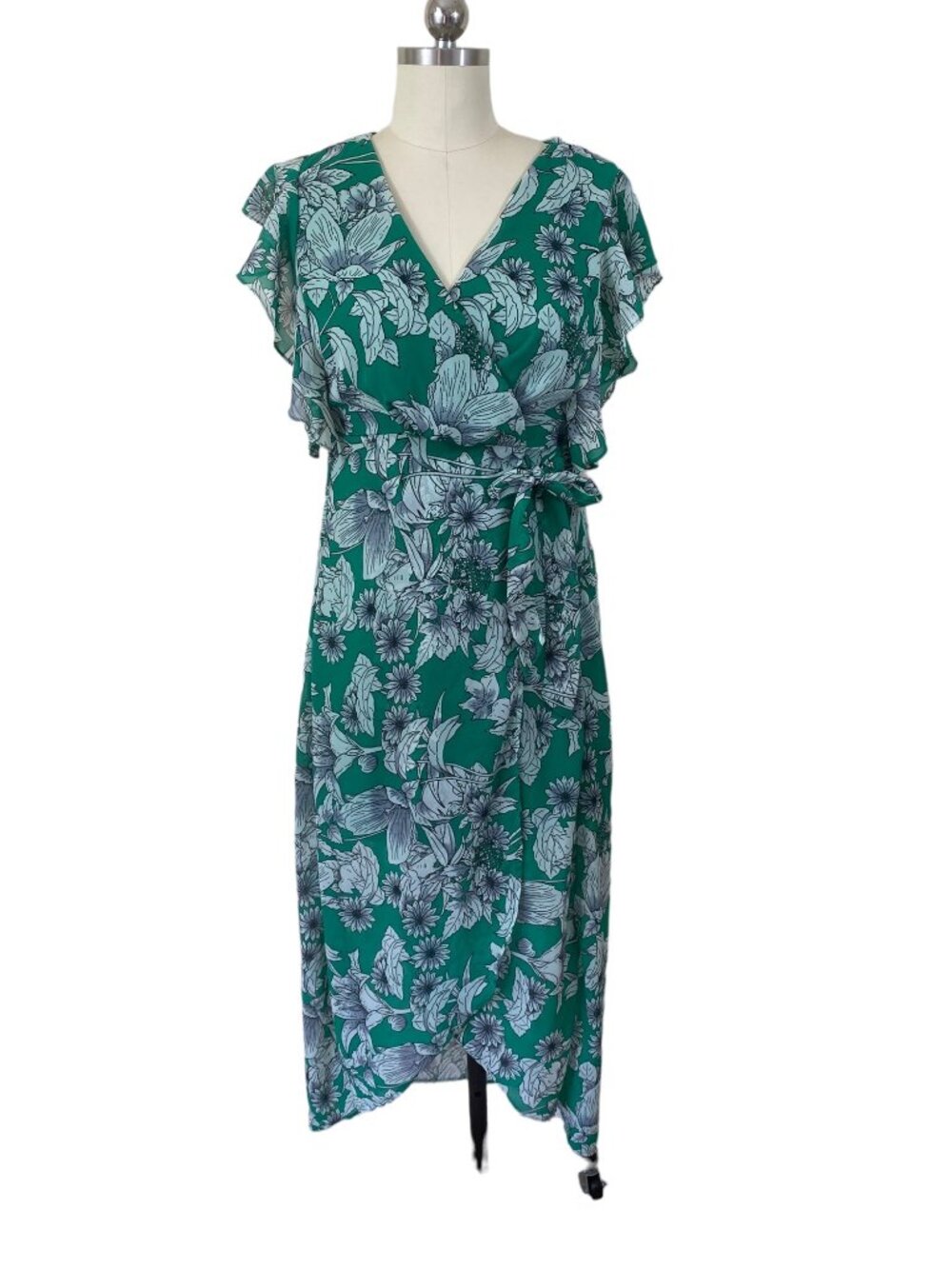 Japna Faux Wrap Hi-Low Ruffle Dress Womens XS Green Floral Garden Tea Party Boho